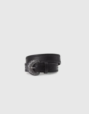 Ceinture noire surpiquée et boucle gravée fille