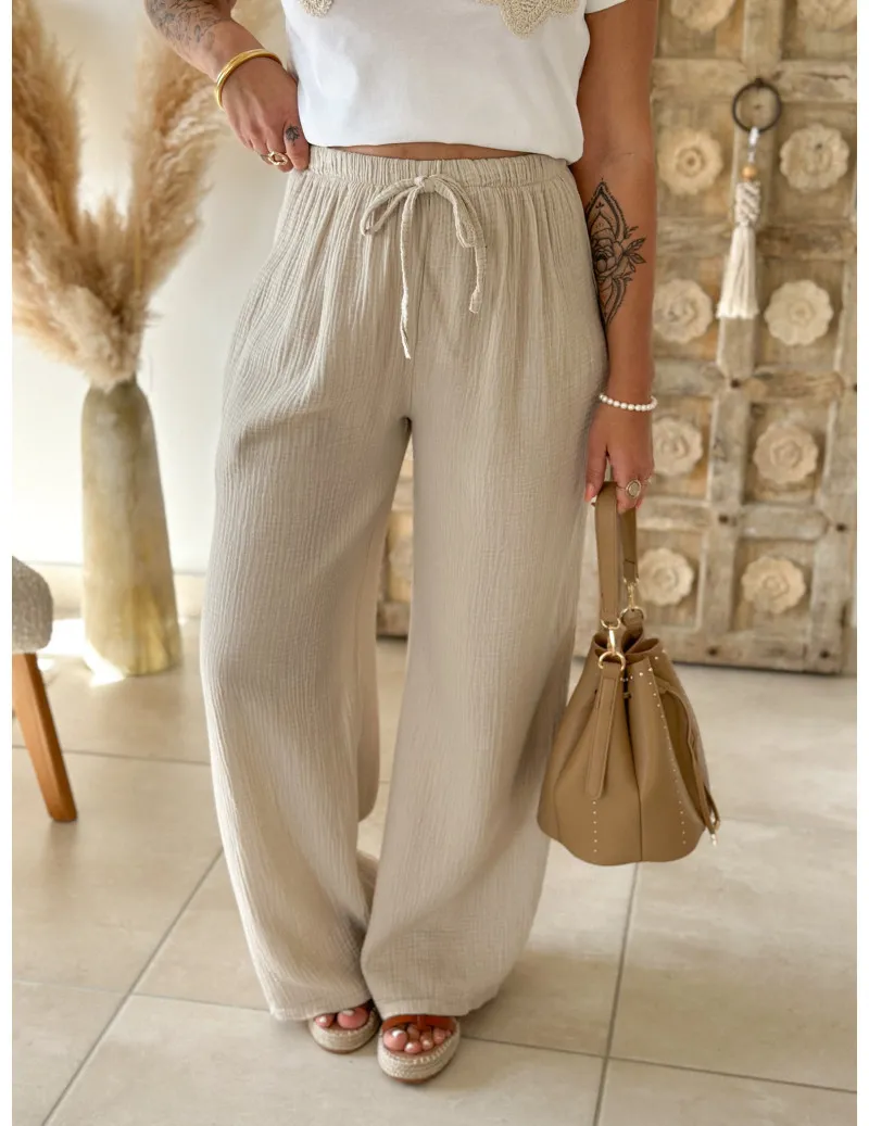 Pantalon gaze de coton beige - Kaya