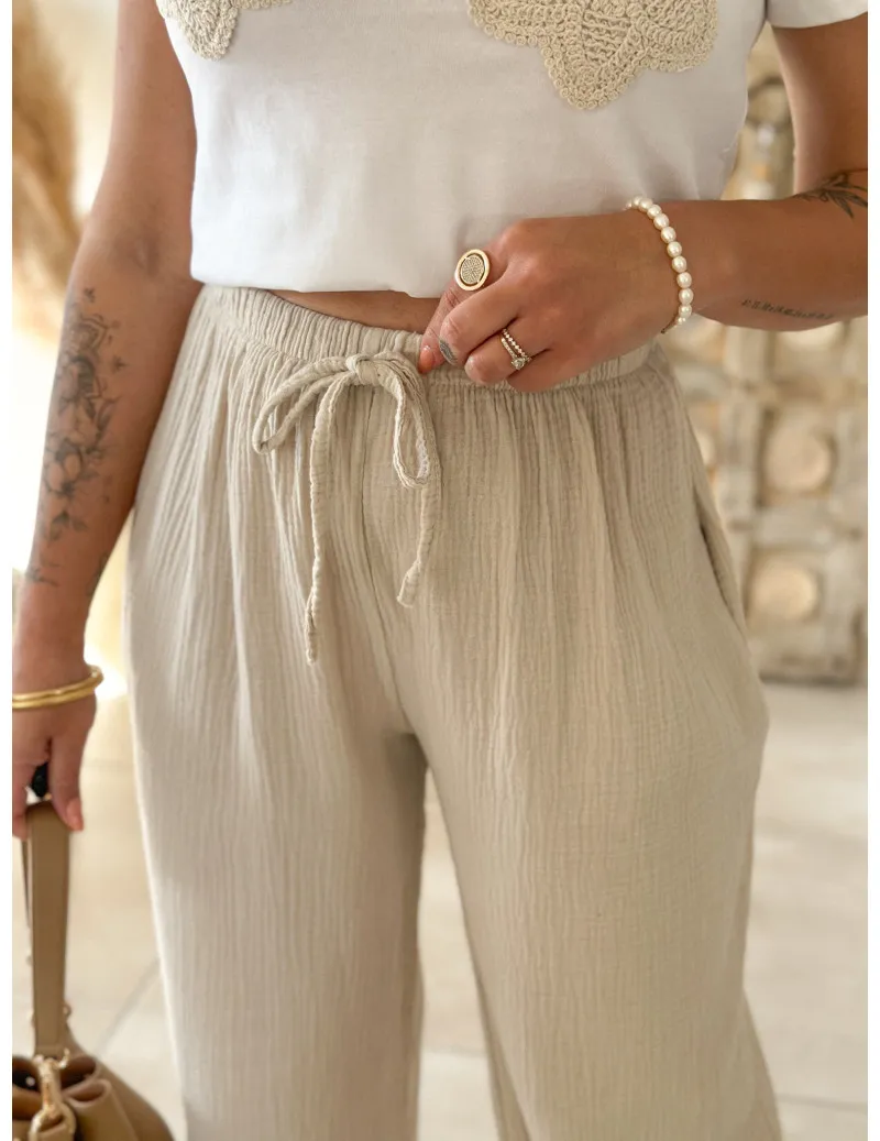 Pantalon gaze de coton beige - Kaya