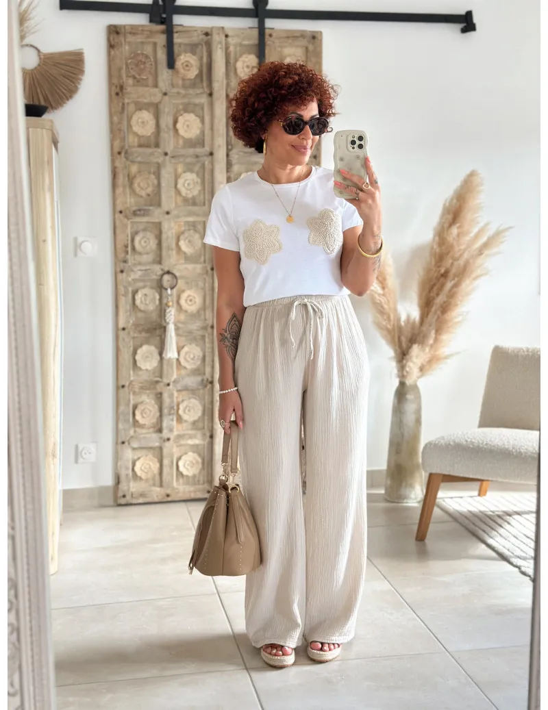 Pantalon gaze de coton beige - Kaya