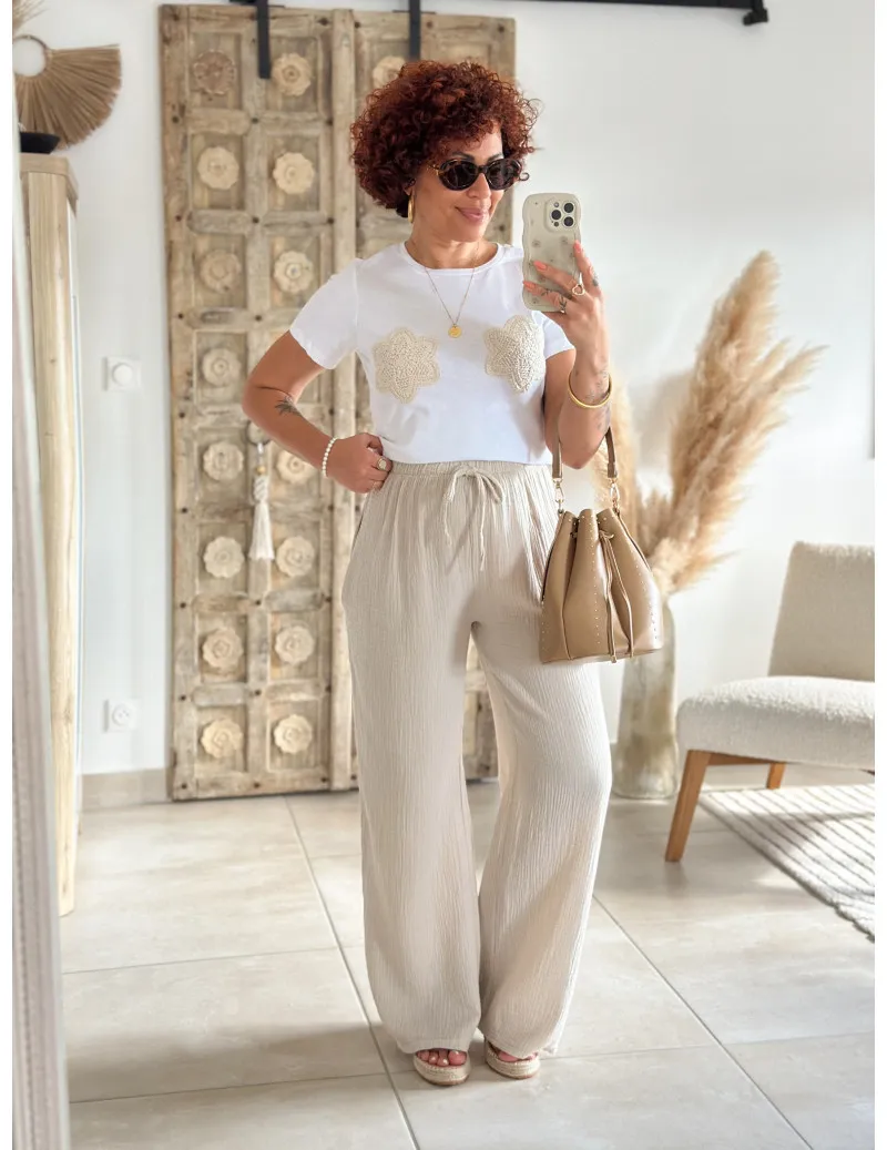 Pantalon gaze de coton beige - Kaya