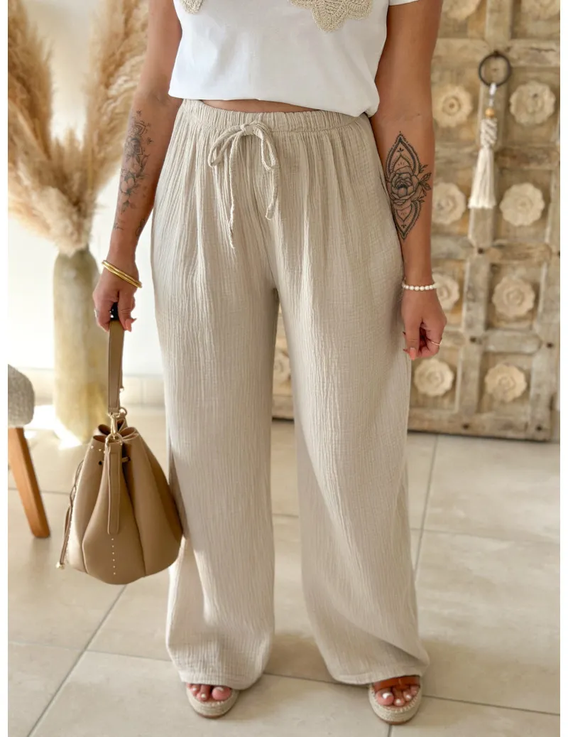 Pantalon gaze de coton beige - Kaya