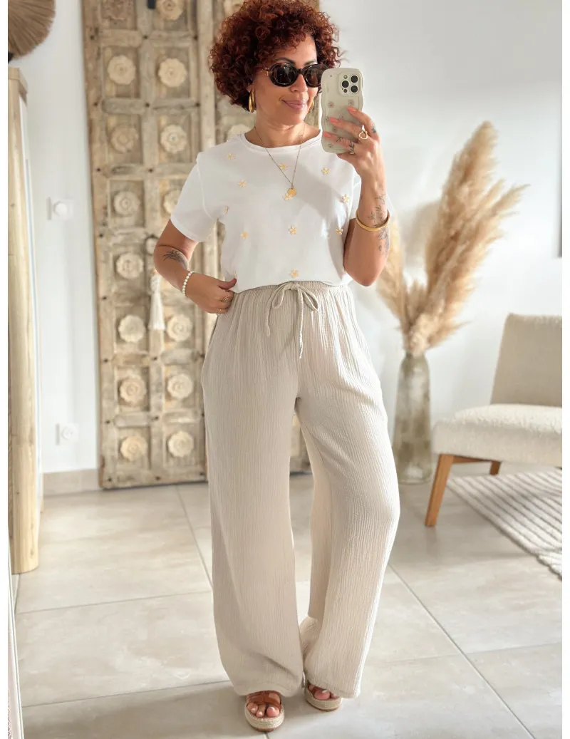 Pantalon gaze de coton beige - Kaya