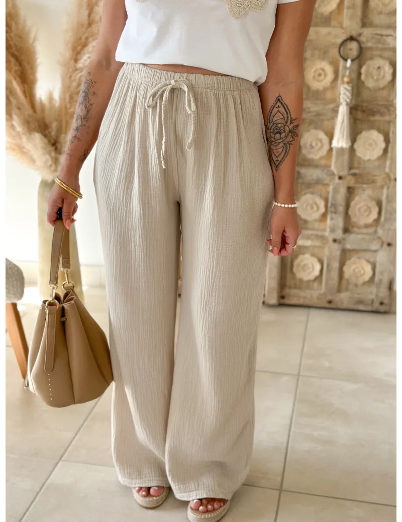 Pantalon gaze de coton beige - Kaya